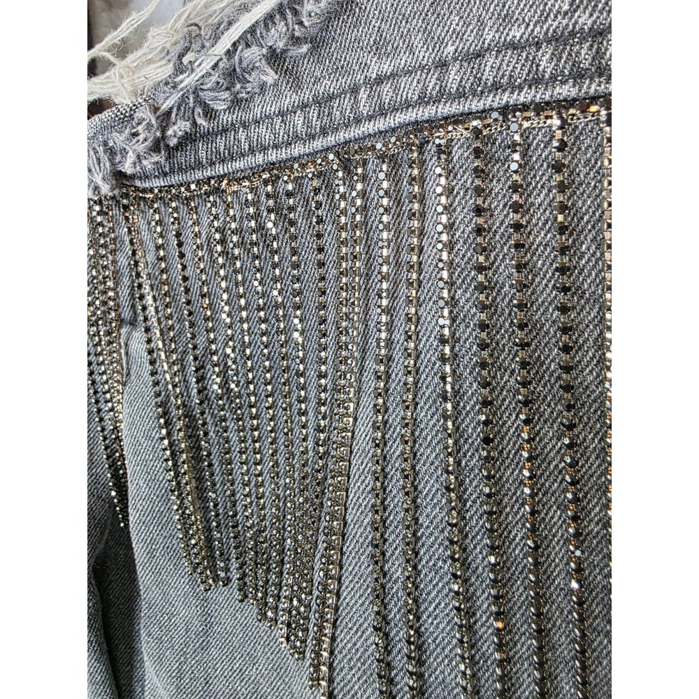 Blue B Collection Washed Black Cropped Distressed Denim Jacket Rhinestone Fringe - Picture 9 of 12